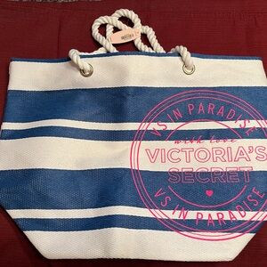 Victoria’s Secret Woven Straw Blue Stripe Beach Tote Bag